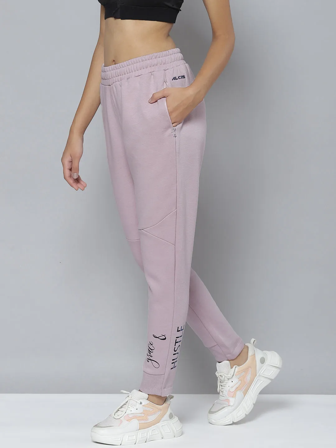 Alcis Women Lavender Typography Printed Slim Fit Sports Joggers