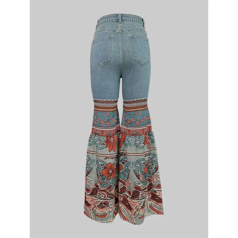 Amozae-Modigirl Womens Jeans Pants Autumn Winter Blue Vintage Floral Printed Bottoms with Pockets Woman High-Waisted Flared Pants