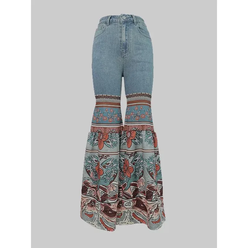Amozae-Modigirl Womens Jeans Pants Autumn Winter Blue Vintage Floral Printed Bottoms with Pockets Woman High-Waisted Flared Pants