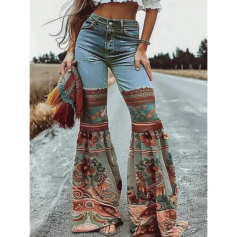 Amozae-Modigirl Womens Jeans Pants Autumn Winter Blue Vintage Floral Printed Bottoms with Pockets Woman High-Waisted Flared Pants