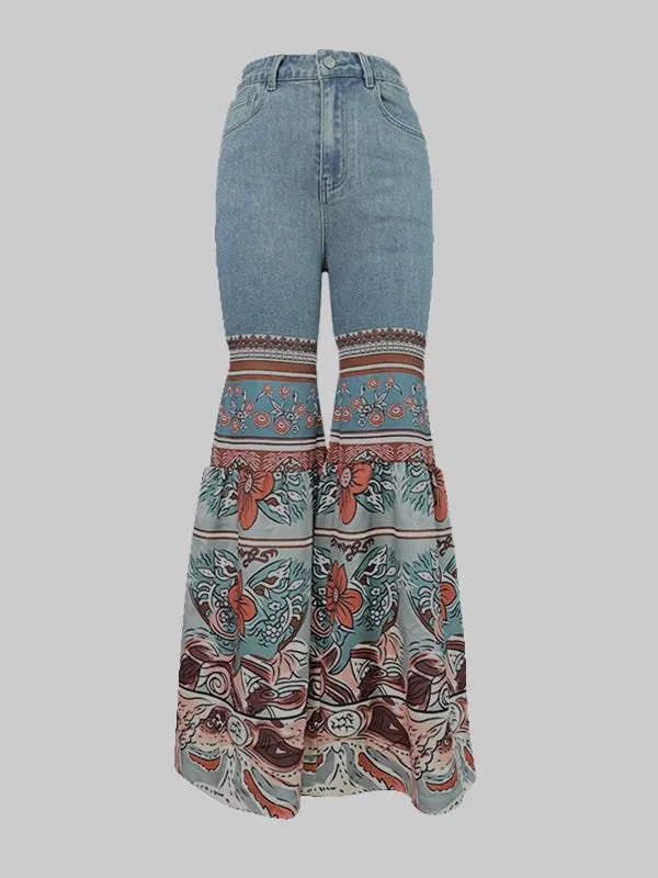 Amozae-Modigirl Womens Jeans Pants Autumn Winter Blue Vintage Floral Printed Bottoms with Pockets Woman High-Waisted Flared Pants
