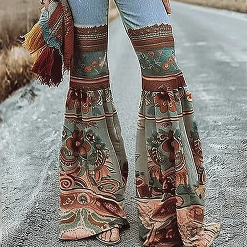 Amozae-Modigirl Womens Jeans Pants Autumn Winter Blue Vintage Floral Printed Bottoms with Pockets Woman High-Waisted Flared Pants