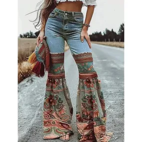 Amozae-Modigirl Womens Jeans Pants Autumn Winter Blue Vintage Floral Printed Bottoms with Pockets Woman High-Waisted Flared Pants