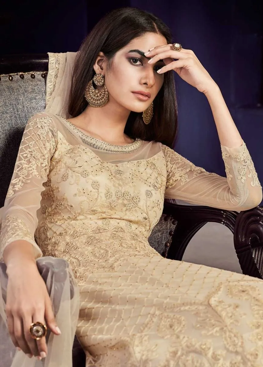 Beige Golden Embroidered Anarkali Gown Suit