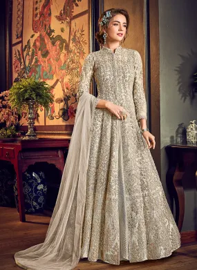 Beige Golden Embroidered Jacket Style Anarkali Suit