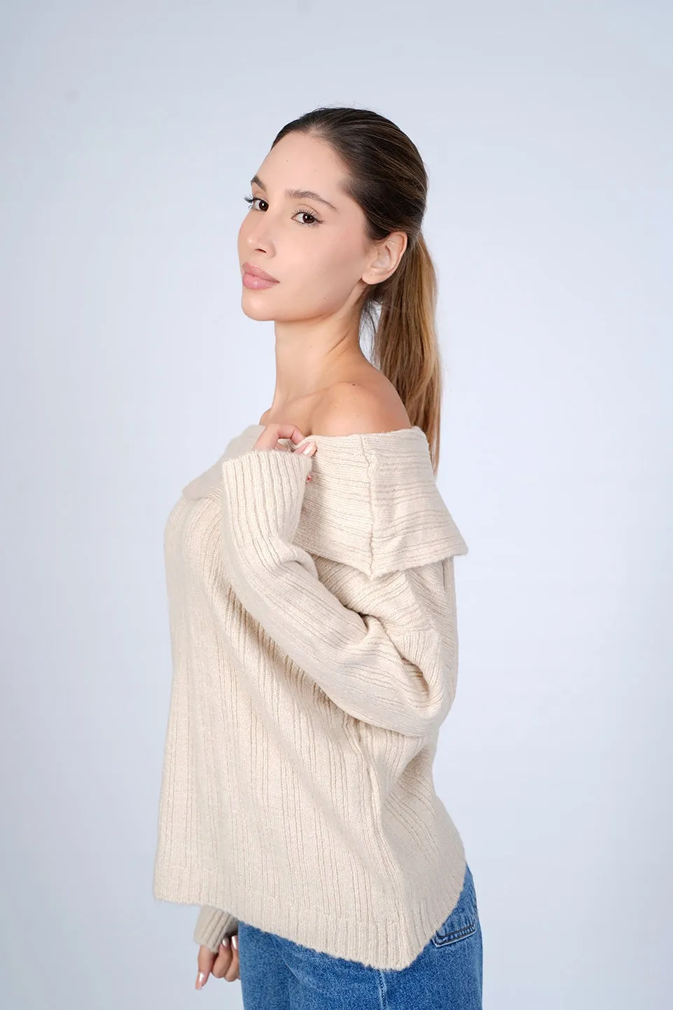 Beige Off Shoulder Sweater