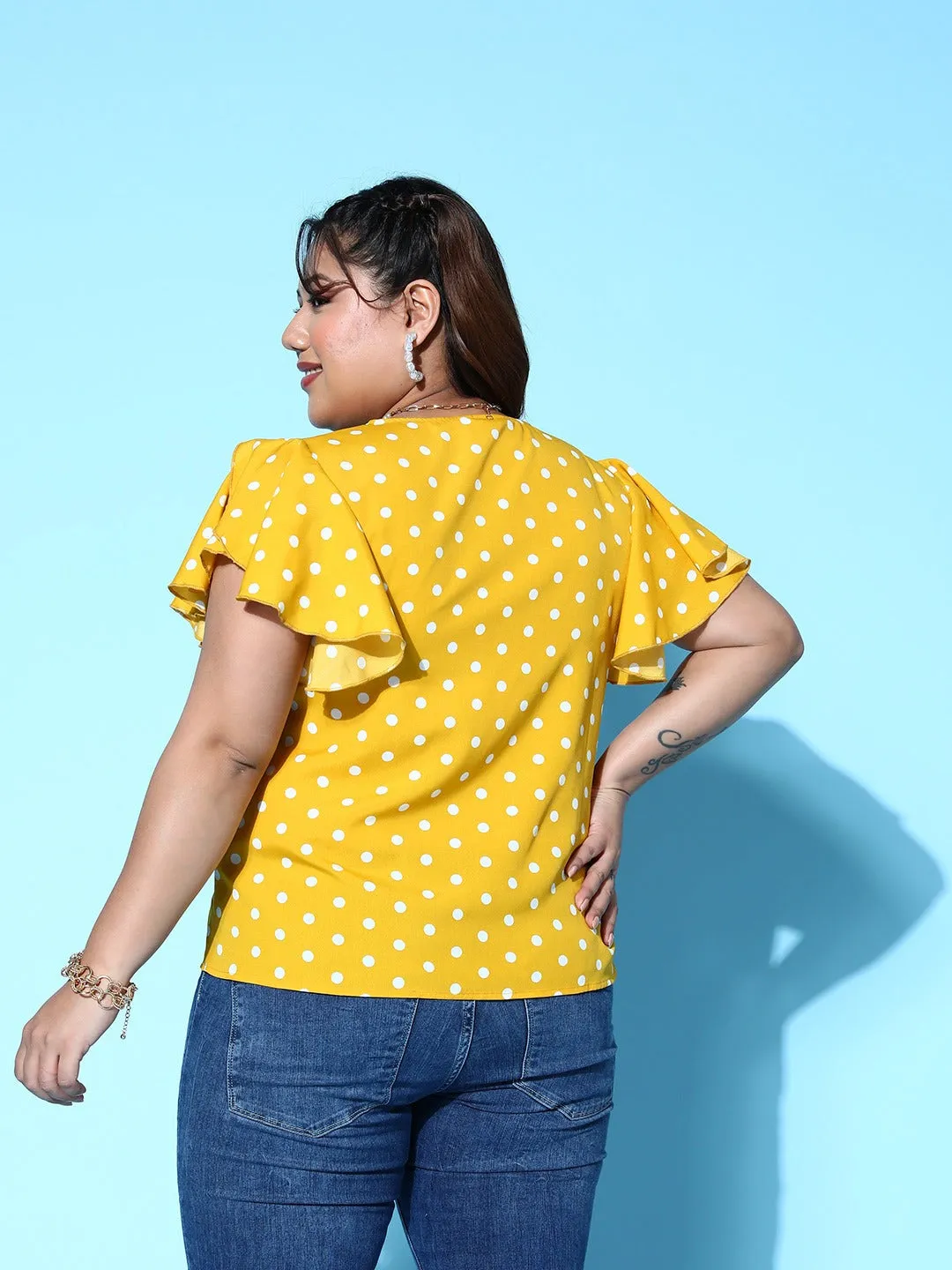 Berrylush Women Plus Size Yellow & White Polka Dot Printed V-Neck Flutter Sleeve Crepe Regular Top