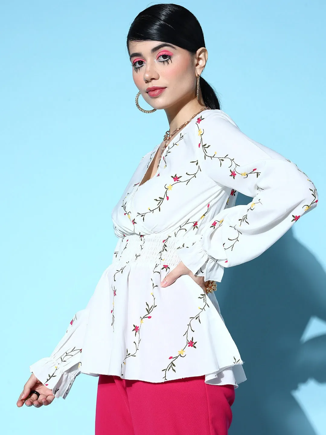 Berrylush Women White & Red Floral Printed V-Neck Long Bell Sleeve Crepe Smocked Regular Peplum Top