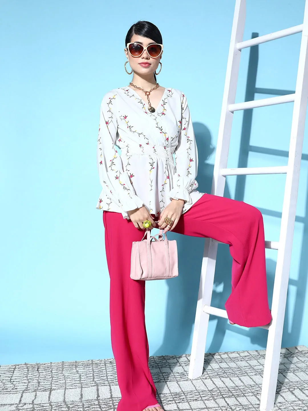 Berrylush Women White & Red Floral Printed V-Neck Long Bell Sleeve Crepe Smocked Regular Peplum Top