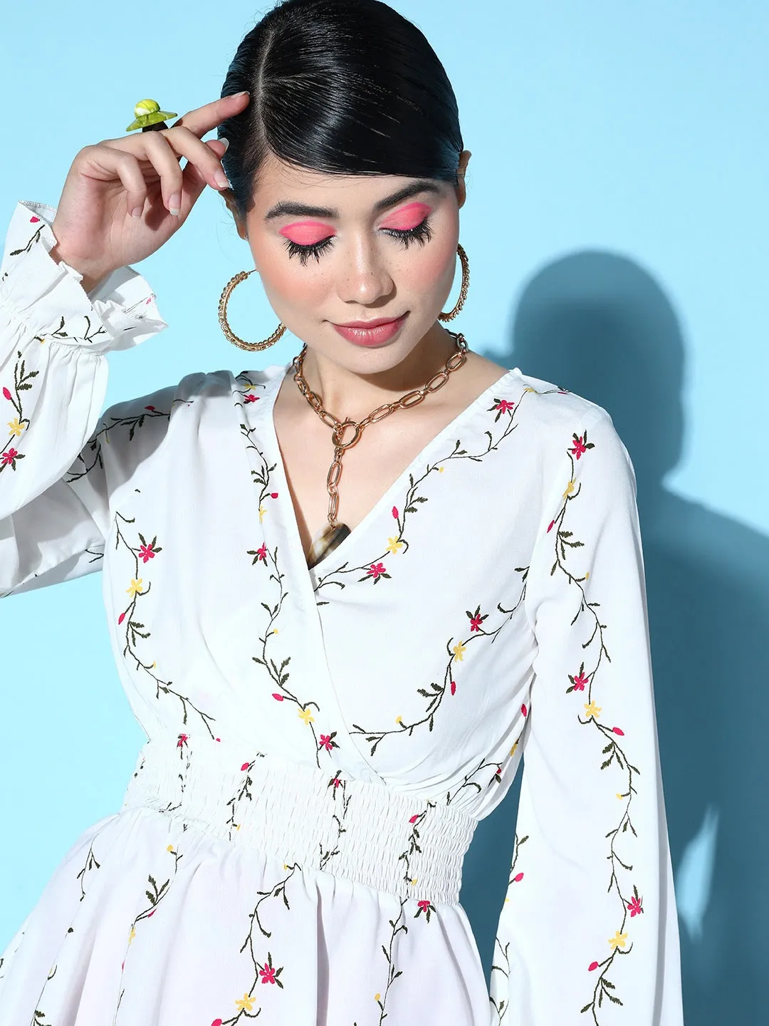 Berrylush Women White & Red Floral Printed V-Neck Long Bell Sleeve Crepe Smocked Regular Peplum Top