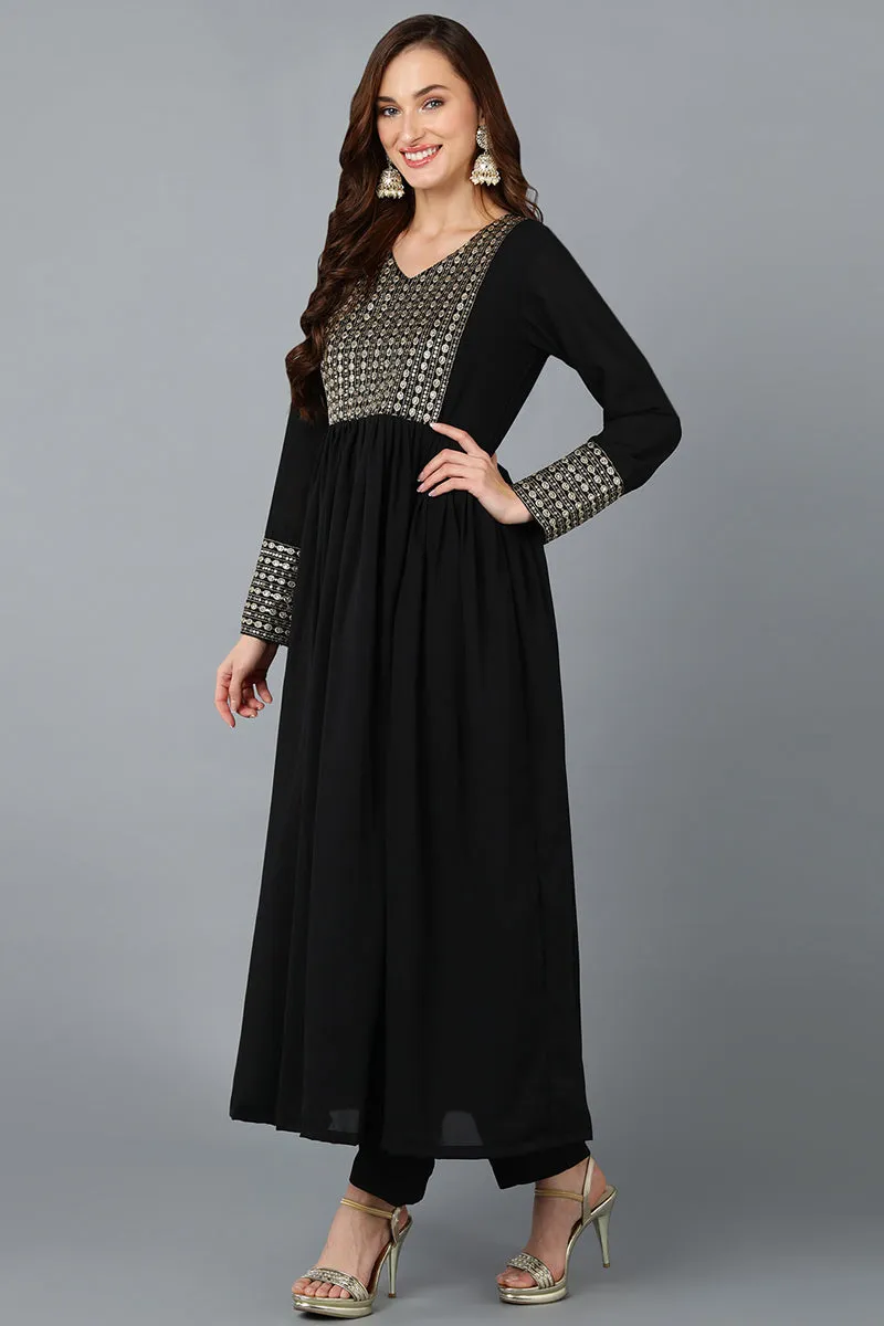 Black Georgette Sequinned Flared Suit Set
