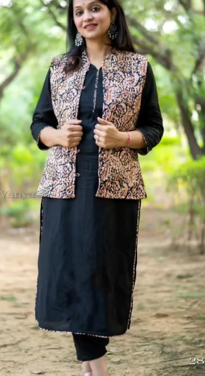 Black Kurta & Pant With Ajrakh Jacket