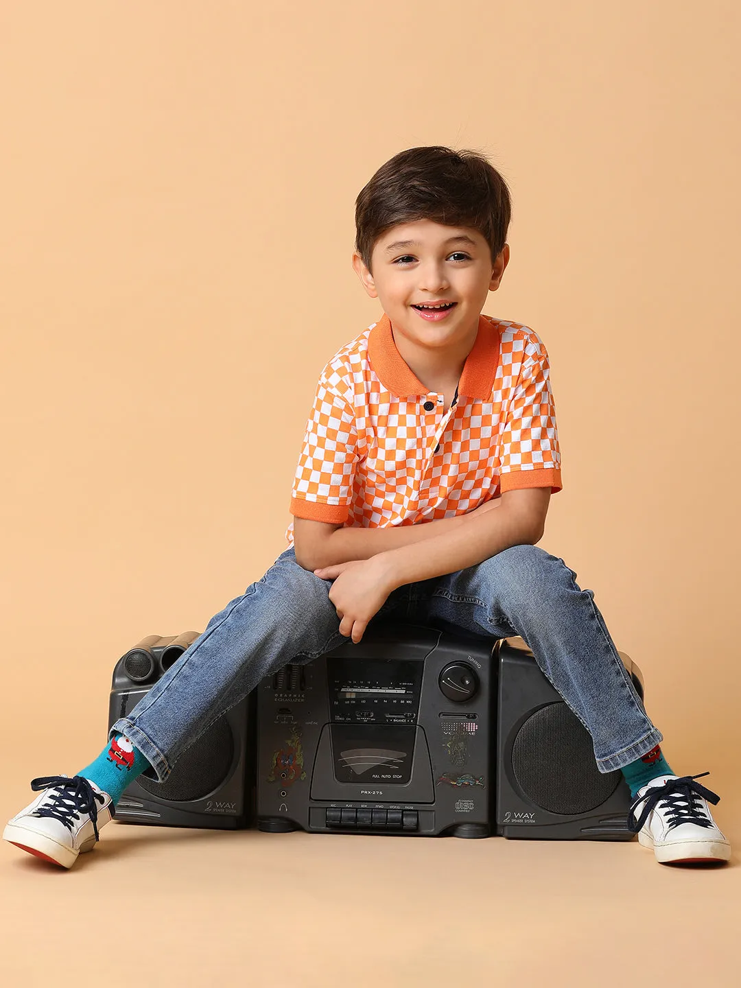 Boys Orange Checkered Polo T-Shirt