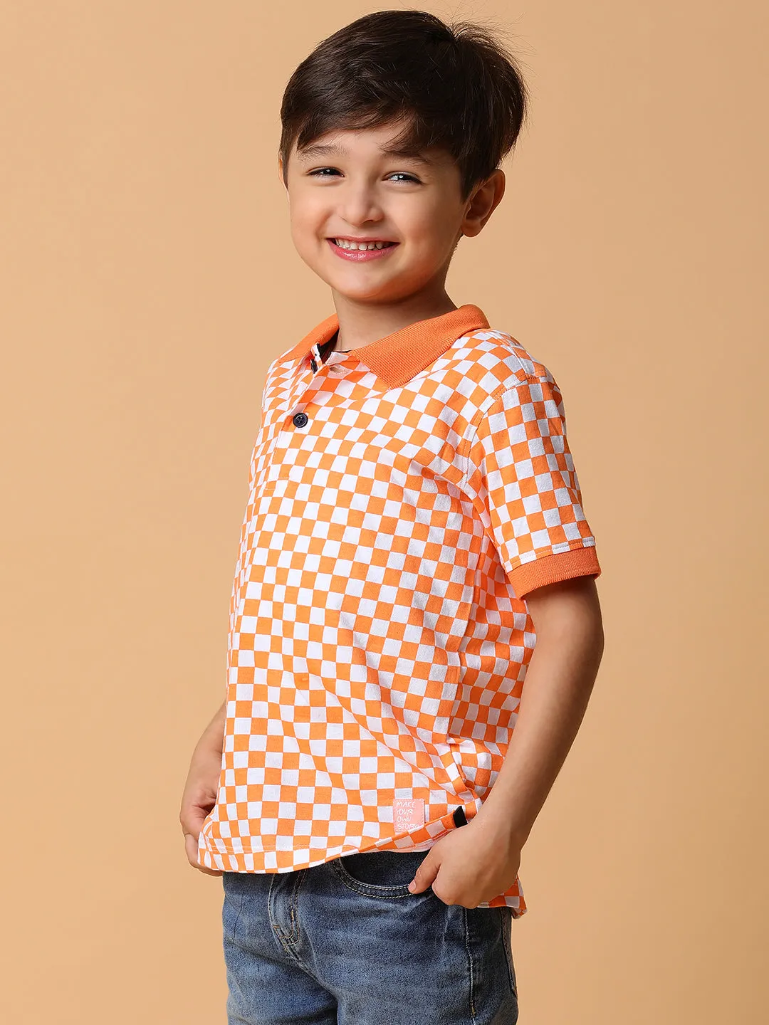 Boys Orange Checkered Polo T-Shirt