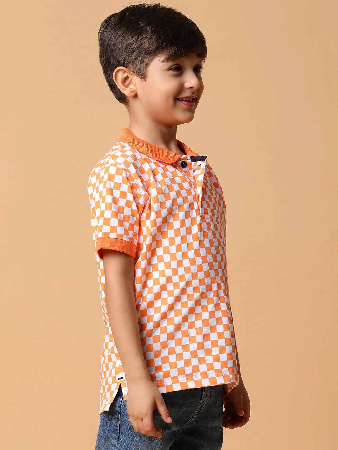Boys Orange Checkered Polo T-Shirt