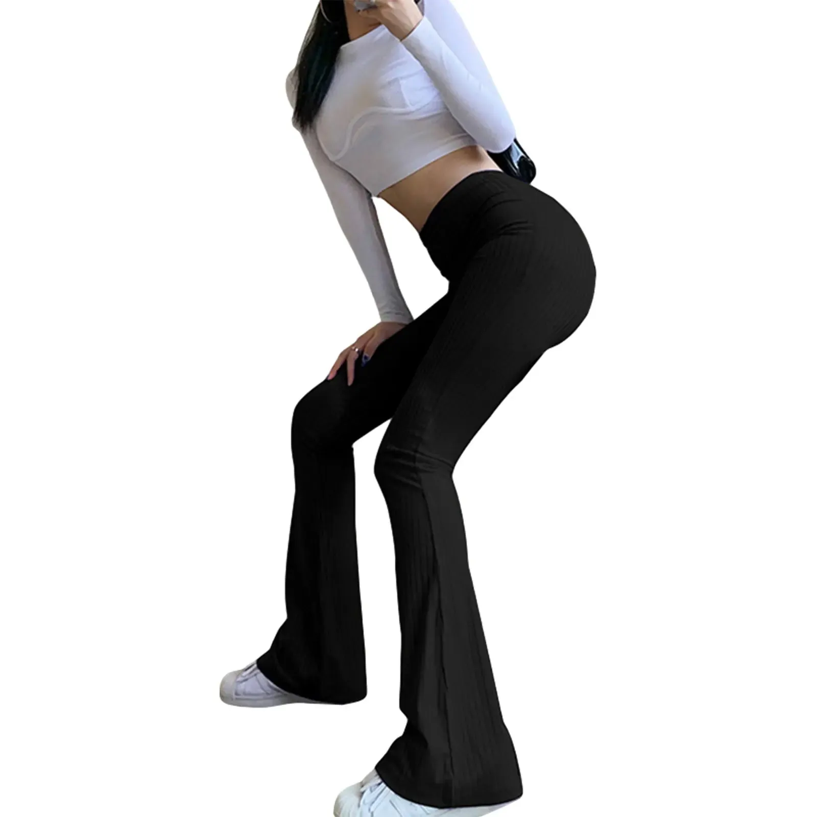 Close-Fitting Flared Solid High Waist Stretch Span Sexy Pants