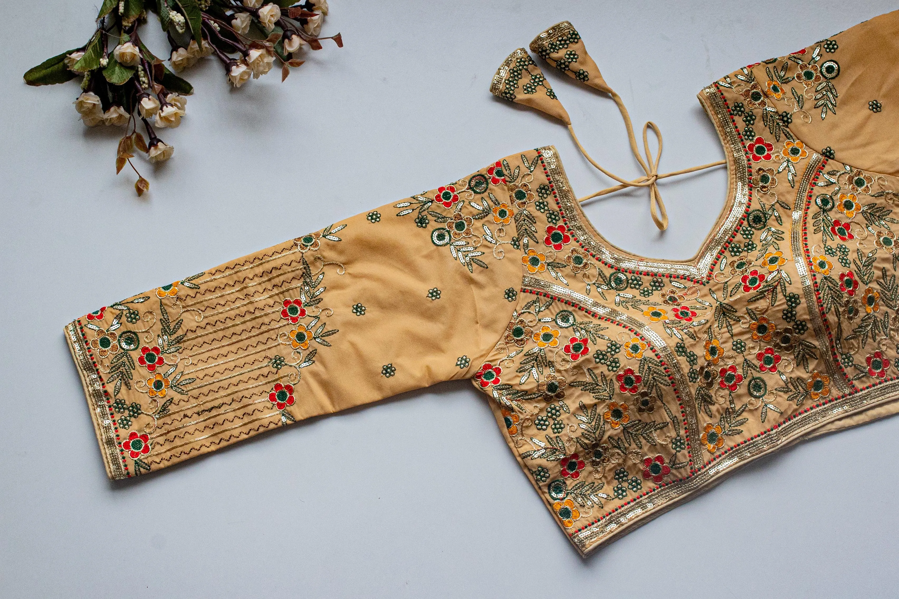 Cream Handcrafted Sequined Blouse in Khushi Silk