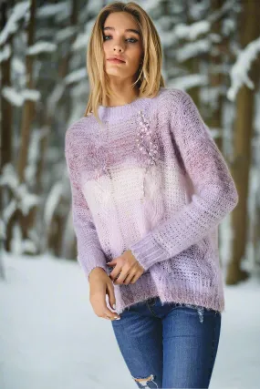 Davi & Dani Cable Knit Sequin Sweater Top - Lilac Multi