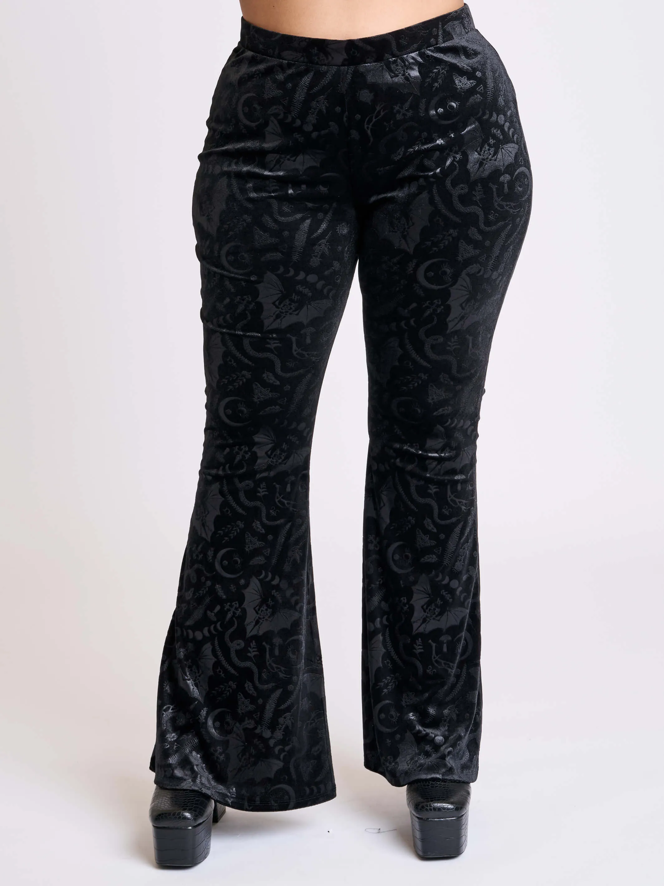 Embossed Black Velvet Flared Legging