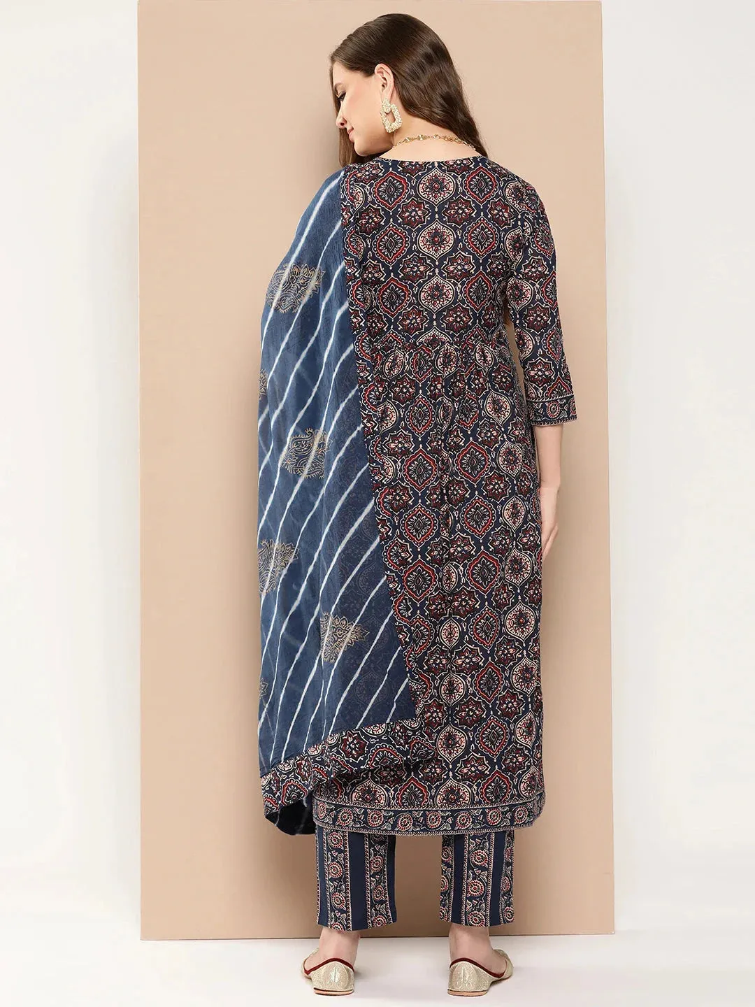 Ethnic Motifs Printed Regular Sequined Cotton Kurta With Trousers & Dupatta