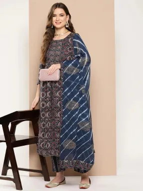 Ethnic Motifs Printed Regular Sequined Cotton Kurta With Trousers & Dupatta