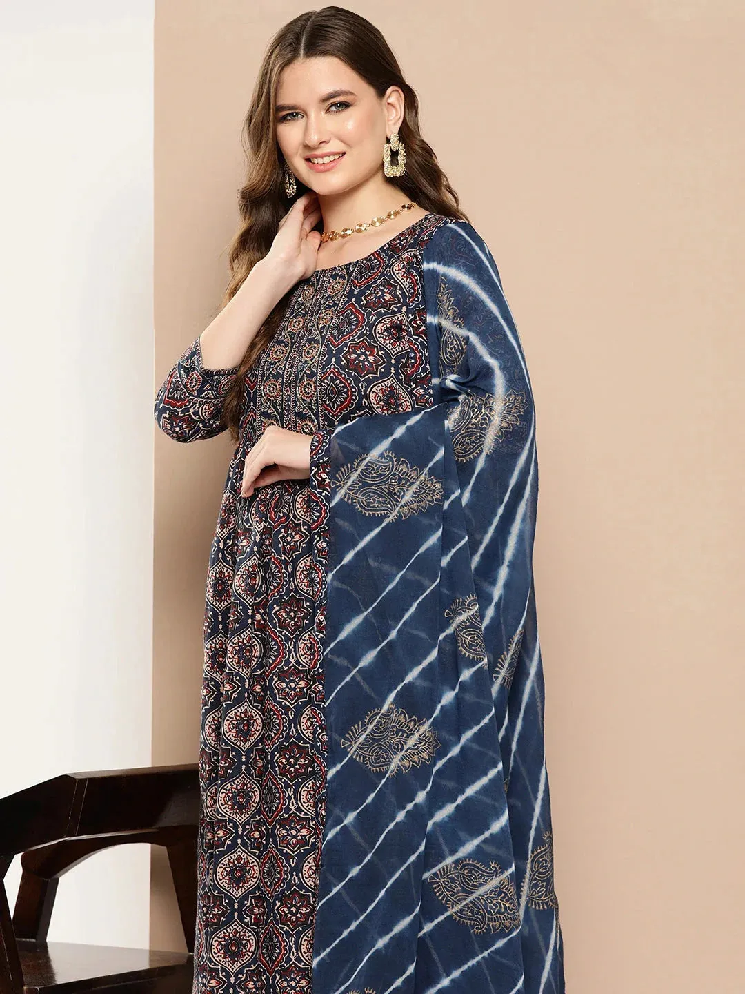 Ethnic Motifs Printed Regular Sequined Cotton Kurta With Trousers & Dupatta