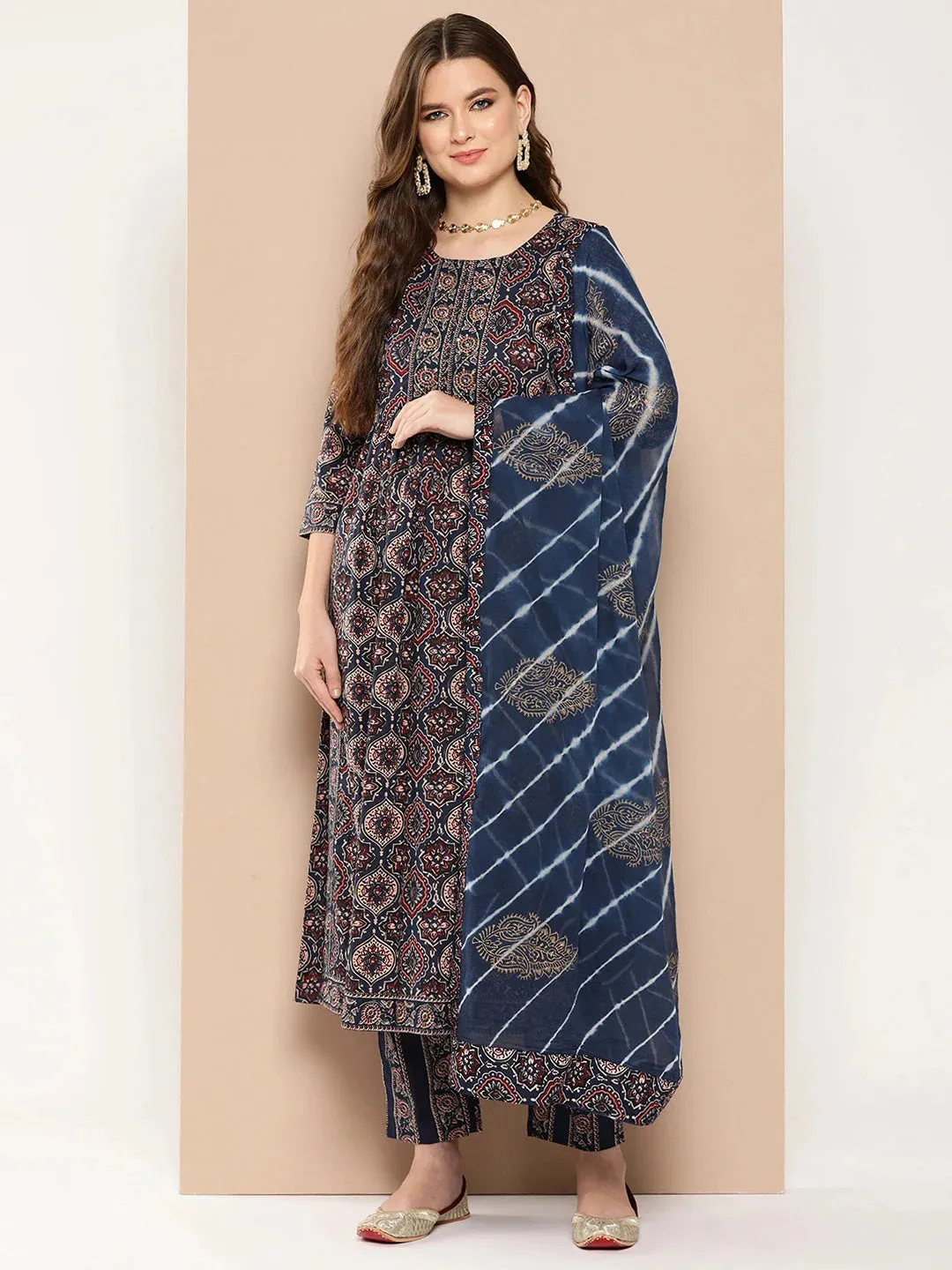 Ethnic Motifs Printed Regular Sequined Cotton Kurta With Trousers & Dupatta