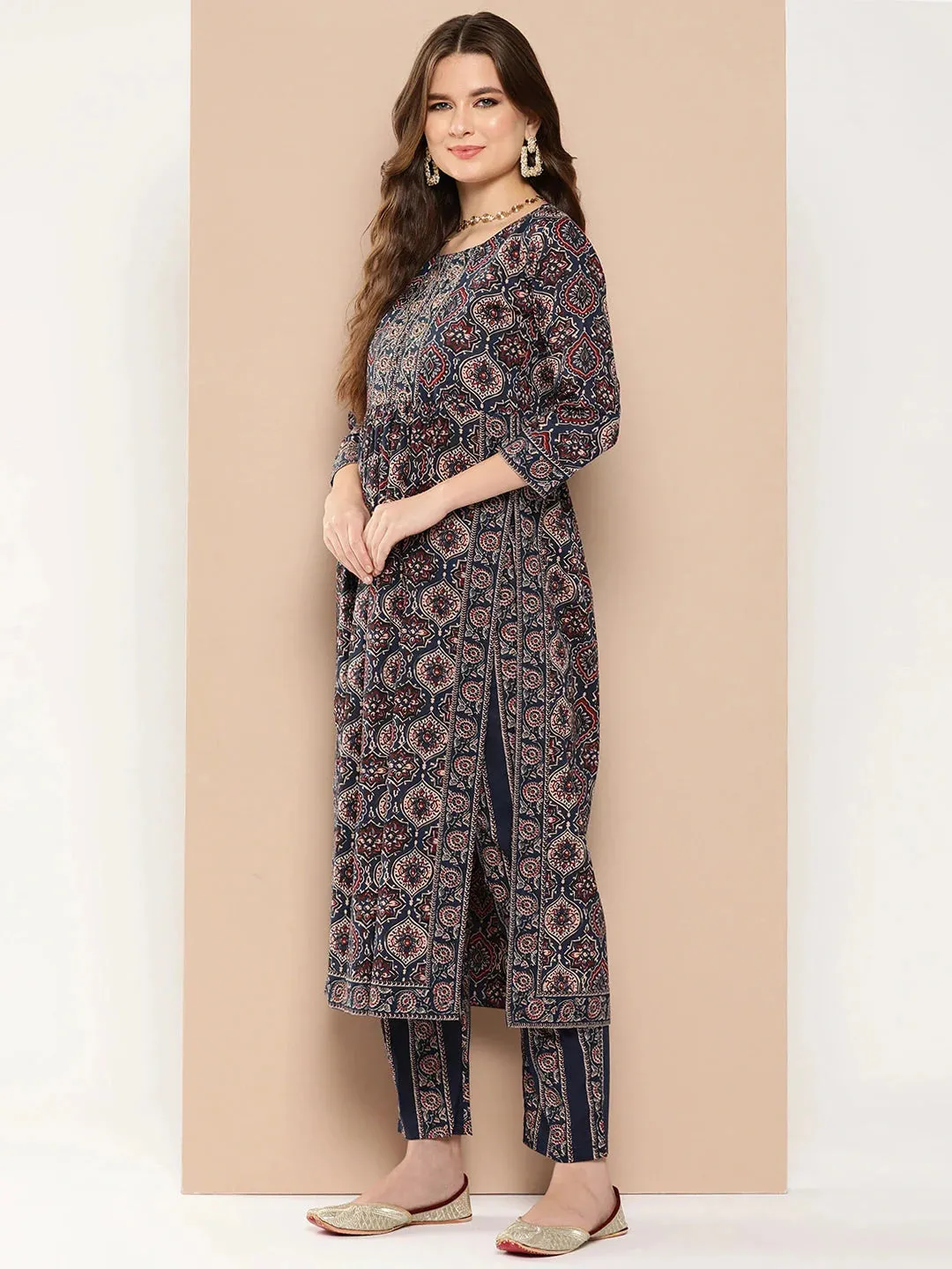 Ethnic Motifs Printed Regular Sequined Cotton Kurta With Trousers & Dupatta