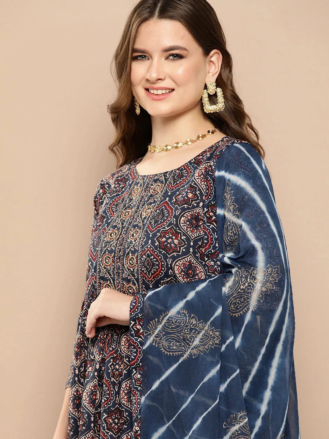 Ethnic Motifs Printed Regular Sequined Cotton Kurta With Trousers & Dupatta