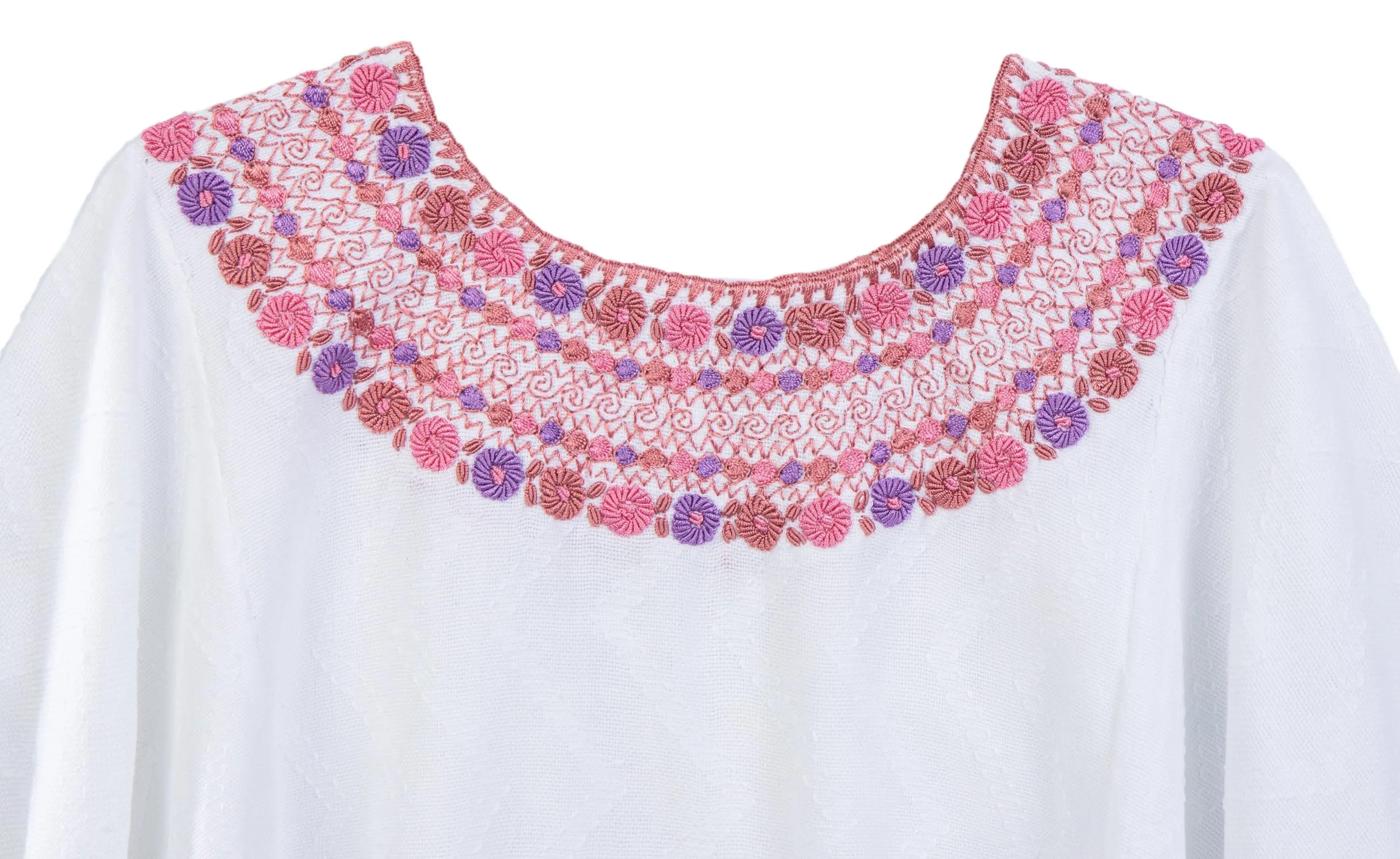 Evelyn Embroidered Guatemalan Top - White, Dusty Rose, & Lavender
