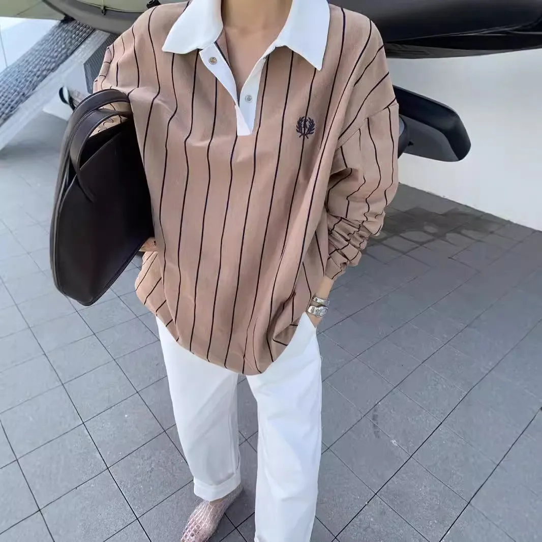 Fashionkova womens sweater 2024 Autumn New Miu Style Fashionable Embroidered Vertical Stripes Polo Collar Contrast Color Profile Simple Sweater