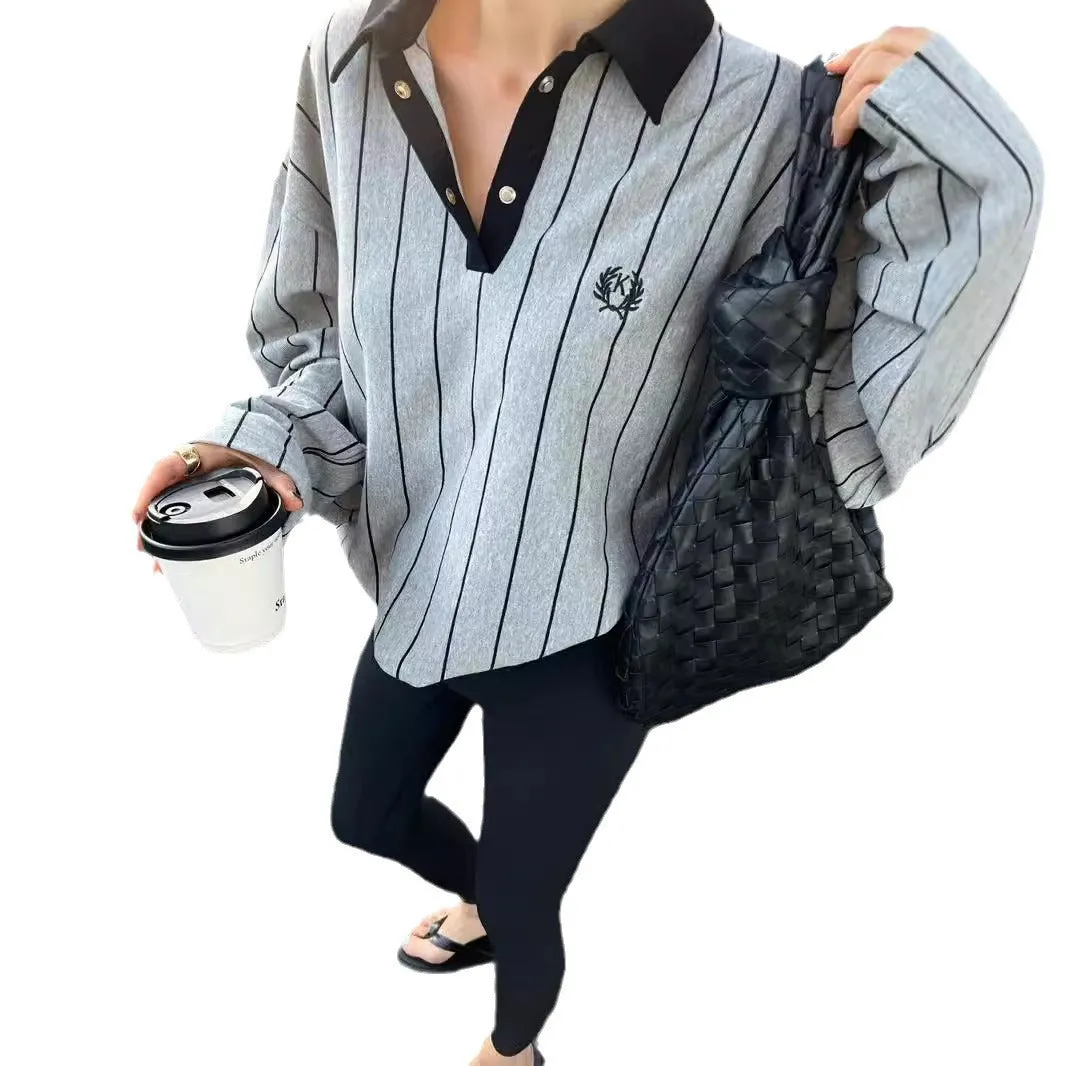 Fashionkova womens sweater 2024 Autumn New Miu Style Fashionable Embroidered Vertical Stripes Polo Collar Contrast Color Profile Simple Sweater