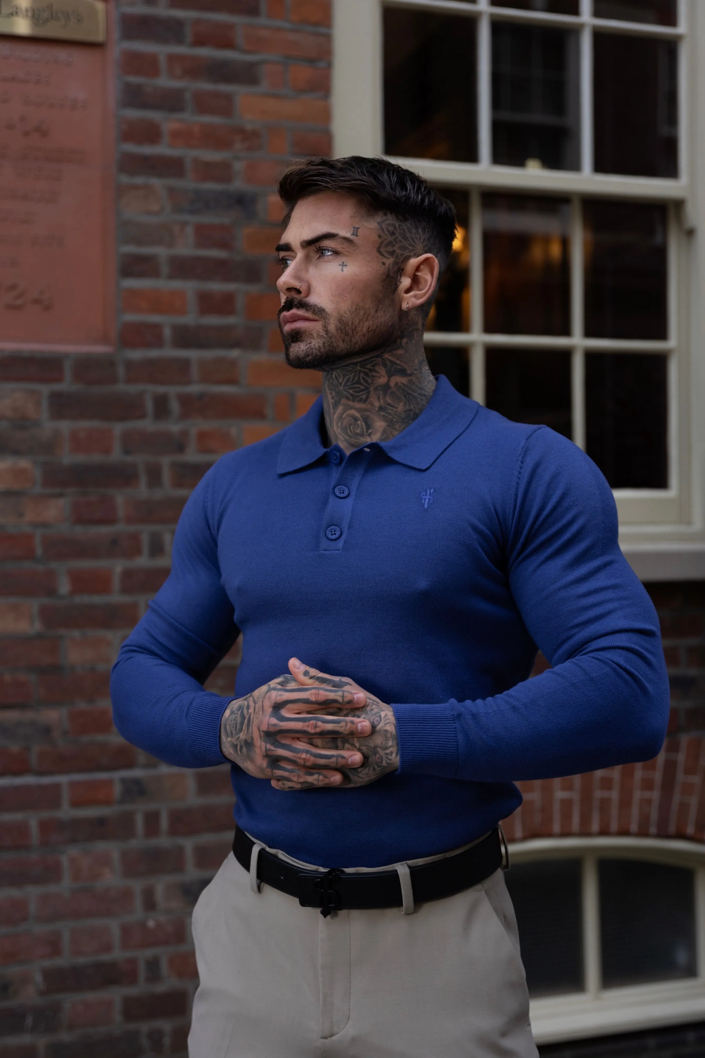 Father Sons Classic Ocean Blue Knitted Polo Sweater Long Sleeve With Tonal FS Embroidery- FSN140