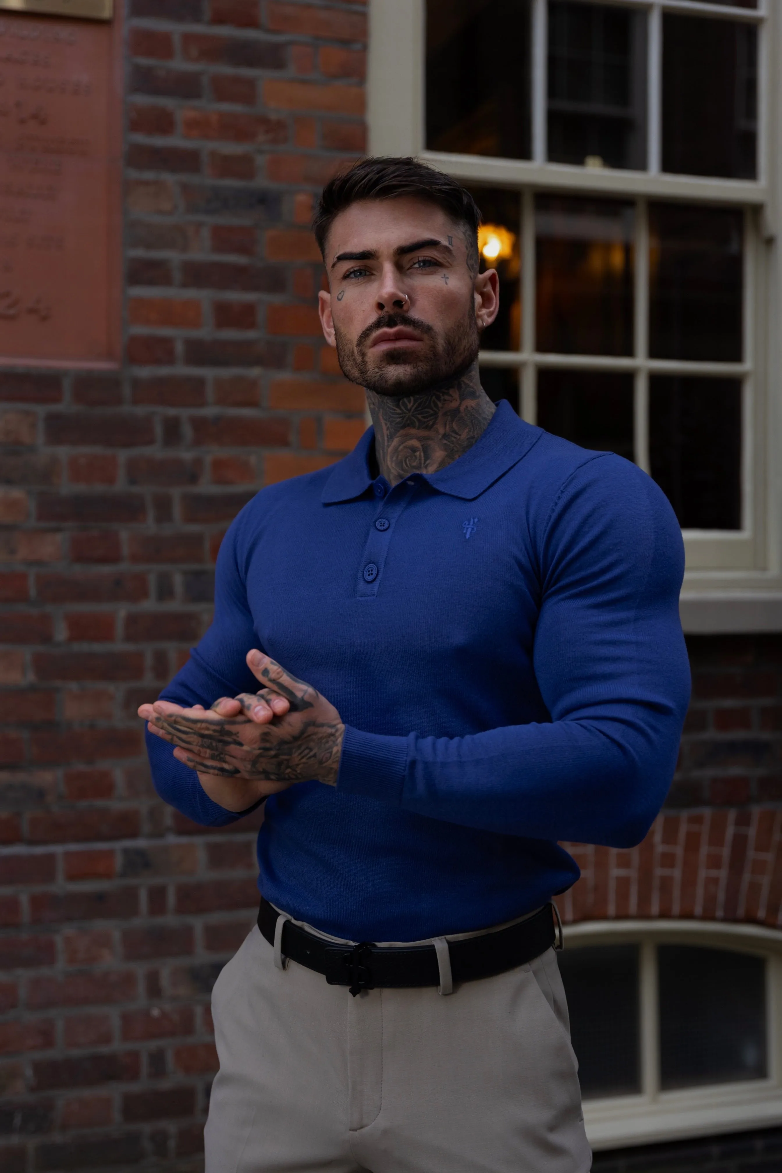 Father Sons Classic Ocean Blue Knitted Polo Sweater Long Sleeve With Tonal FS Embroidery- FSN140