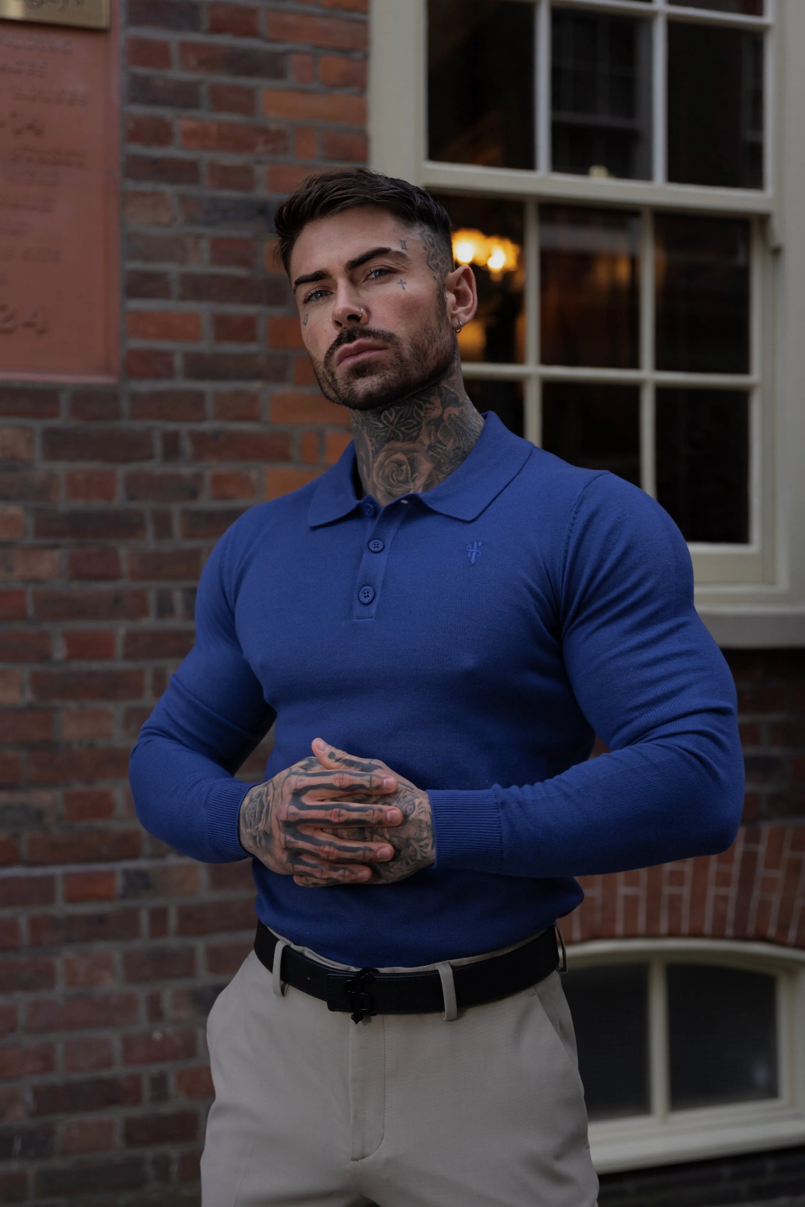 Father Sons Classic Ocean Blue Knitted Polo Sweater Long Sleeve With Tonal FS Embroidery- FSN140