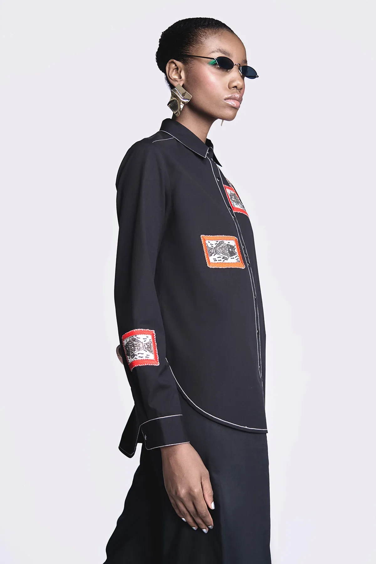 Fish Patch High Low Shirt With Flared Pants