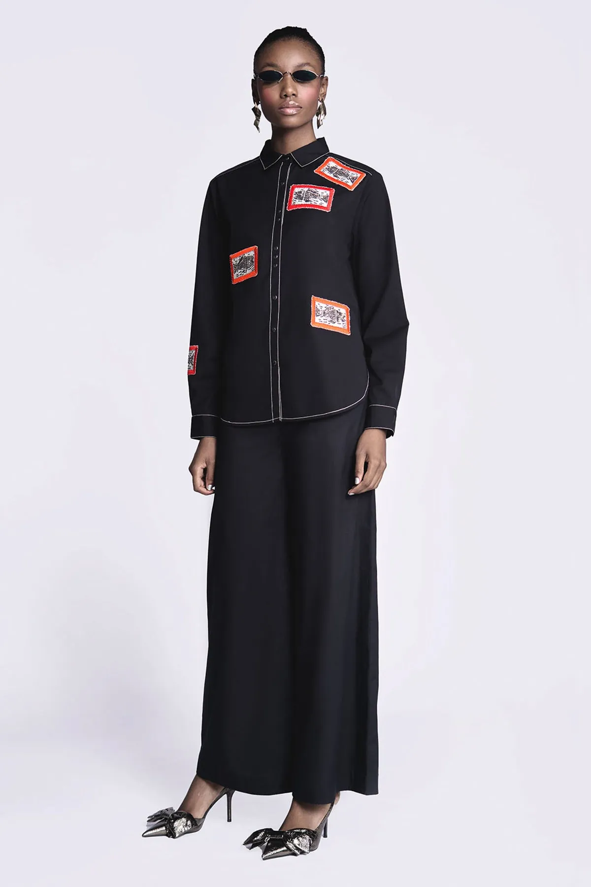 Fish Patch High Low Shirt With Flared Pants