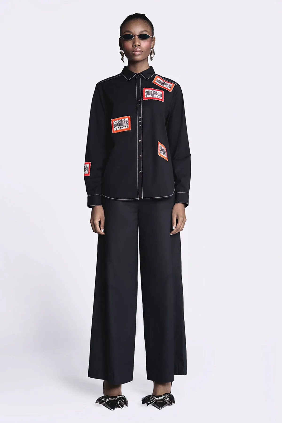 Fish Patch High Low Shirt With Flared Pants
