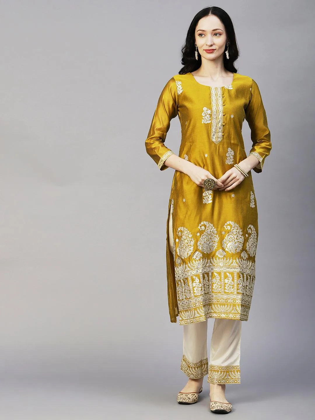 Floral Block & Foil Printed Kurta With Pants & Sequined Ombre Dupatta - Mustard