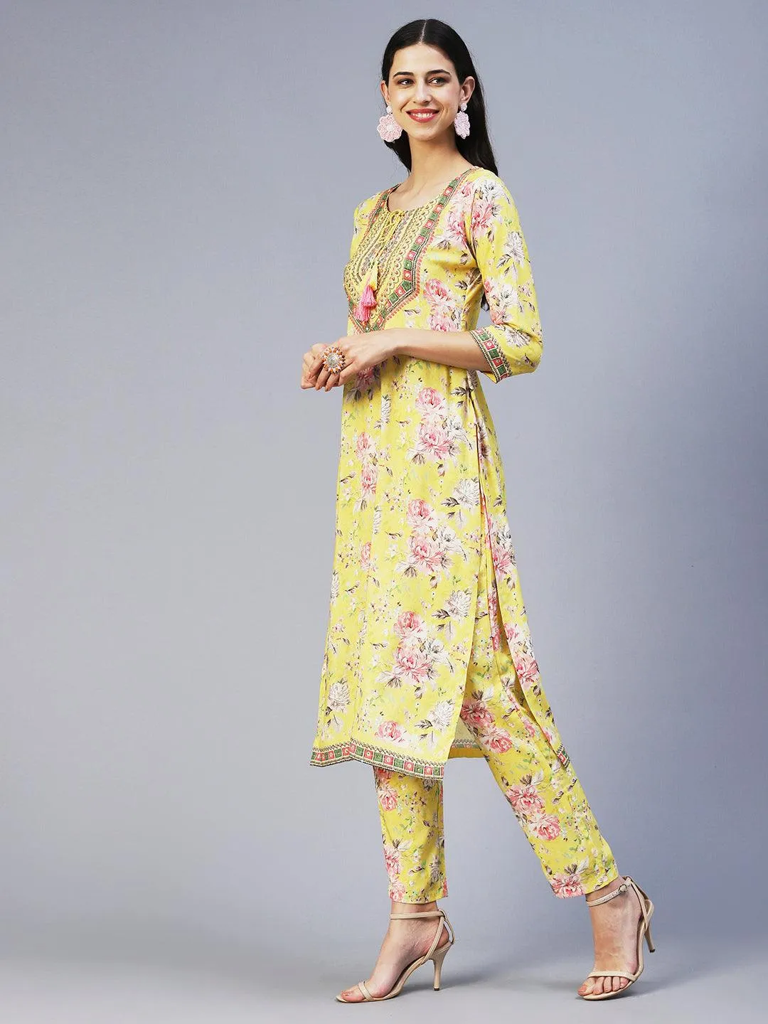 Floral Hand Embroidered Kurta With Printed Pants - Yellow