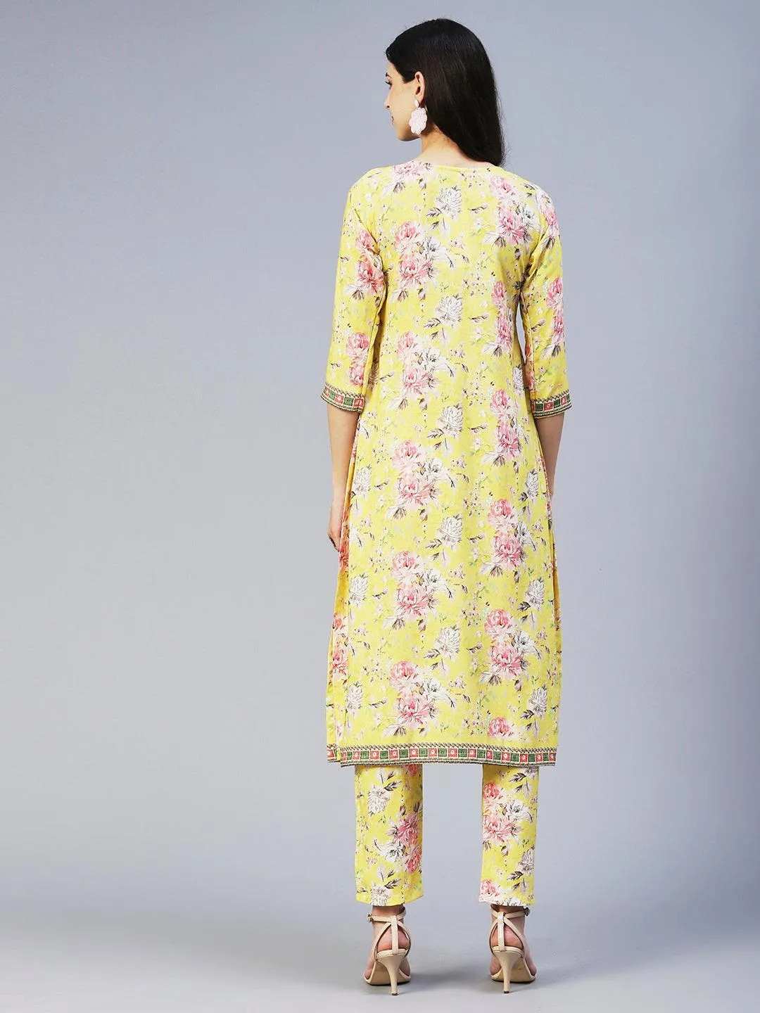 Floral Hand Embroidered Kurta With Printed Pants - Yellow
