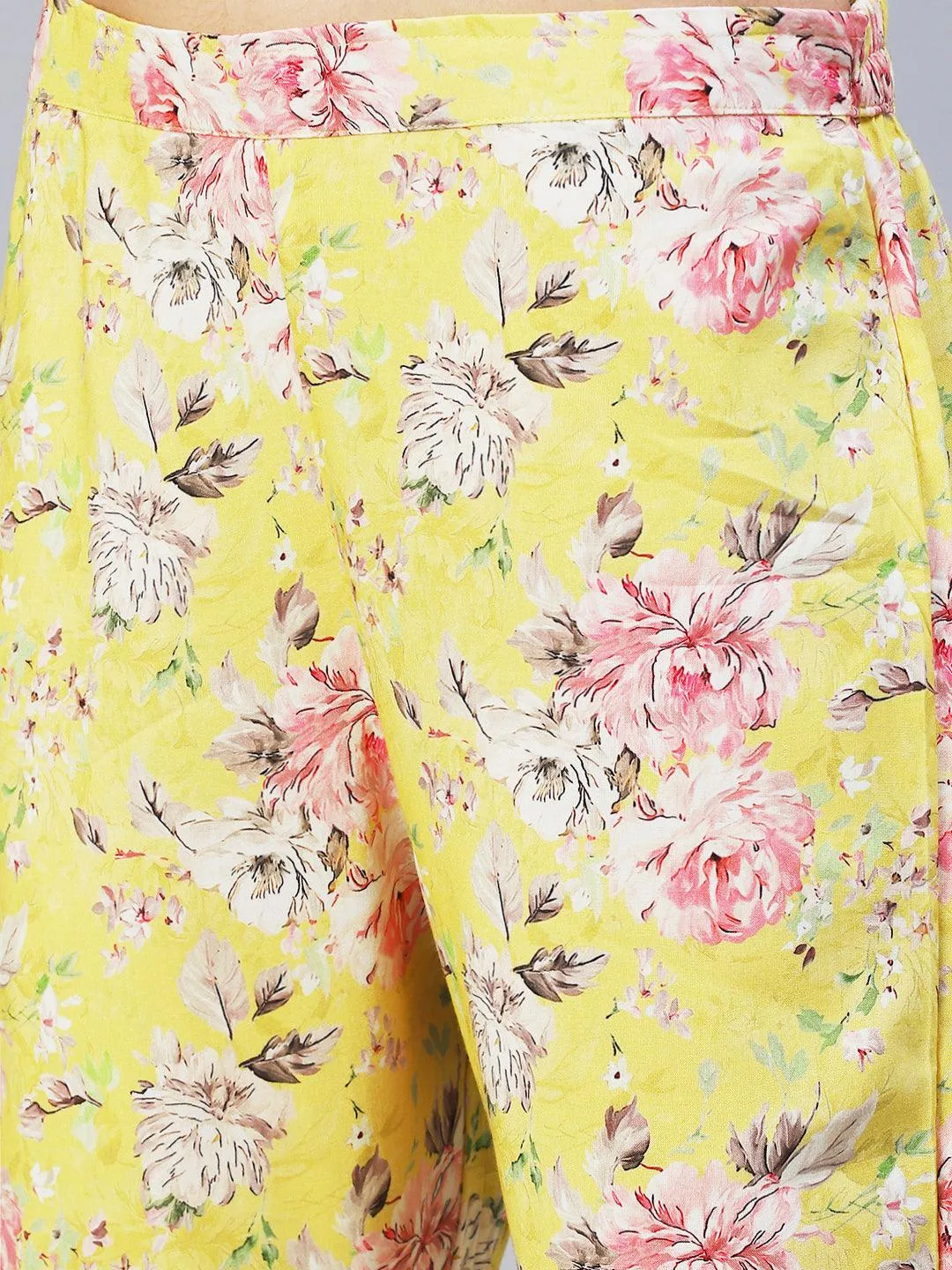 Floral Hand Embroidered Kurta With Printed Pants - Yellow