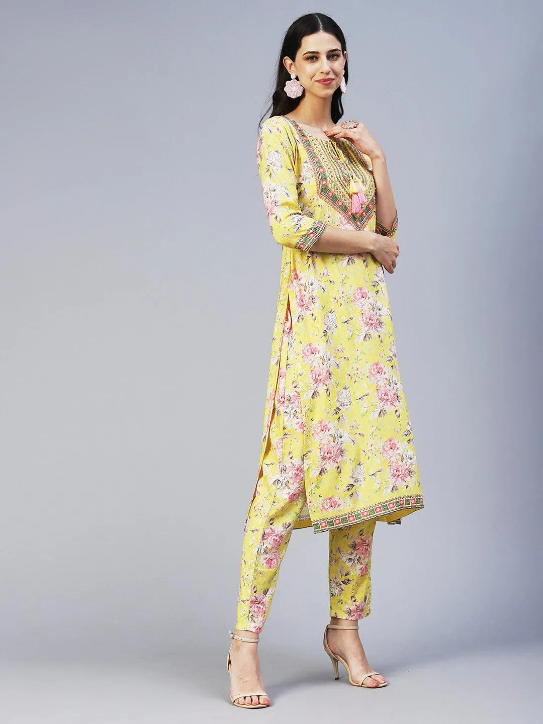 Floral Hand Embroidered Kurta With Printed Pants - Yellow