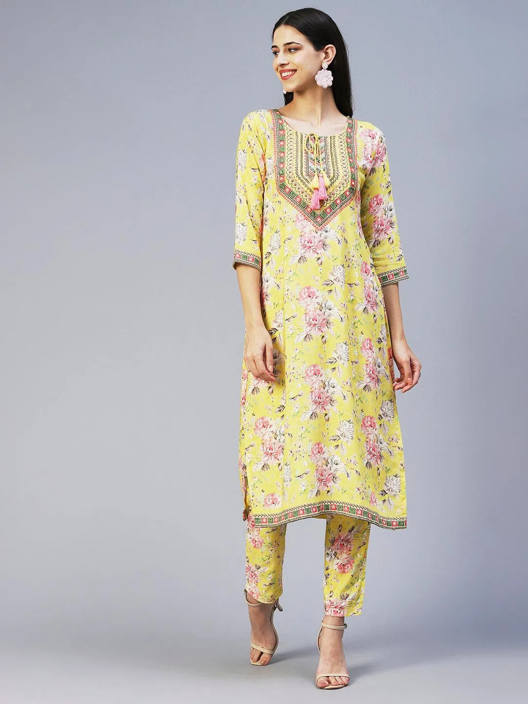 Floral Hand Embroidered Kurta With Printed Pants - Yellow