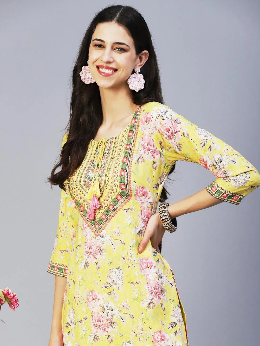Floral Hand Embroidered Kurta With Printed Pants - Yellow