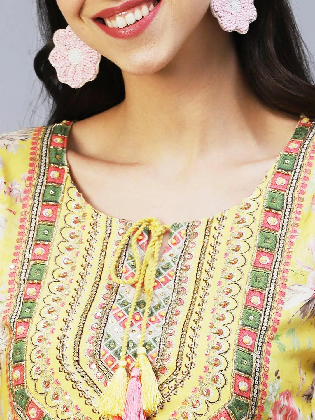 Floral Hand Embroidered Kurta With Printed Pants - Yellow