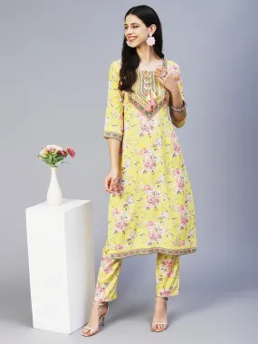 Floral Hand Embroidered Kurta With Printed Pants - Yellow
