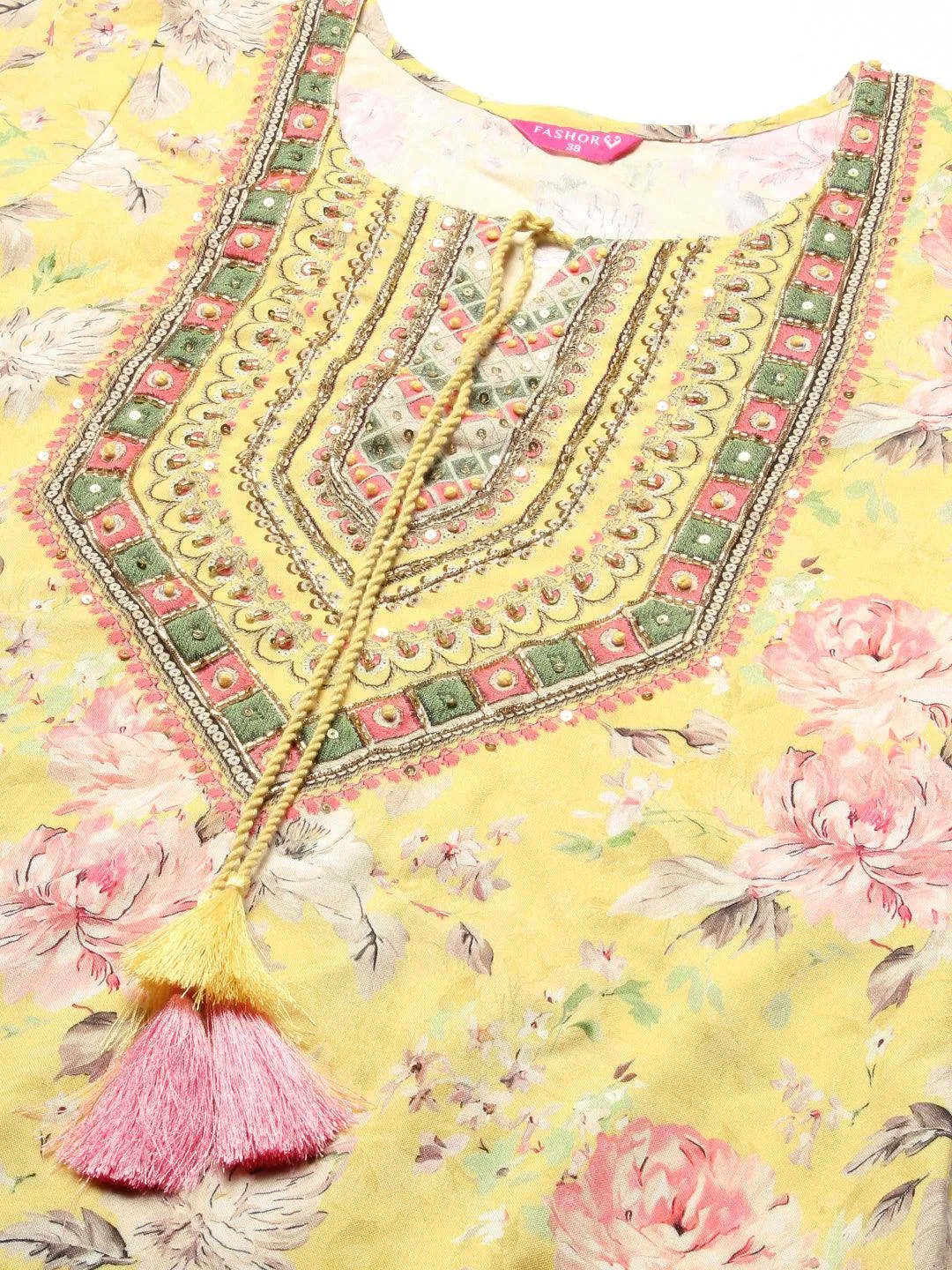 Floral Hand Embroidered Kurta With Printed Pants - Yellow