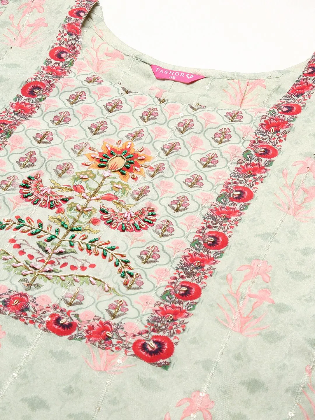 Floral Printed Embroidered Kurta With Pants & Floral Dupatta - Green