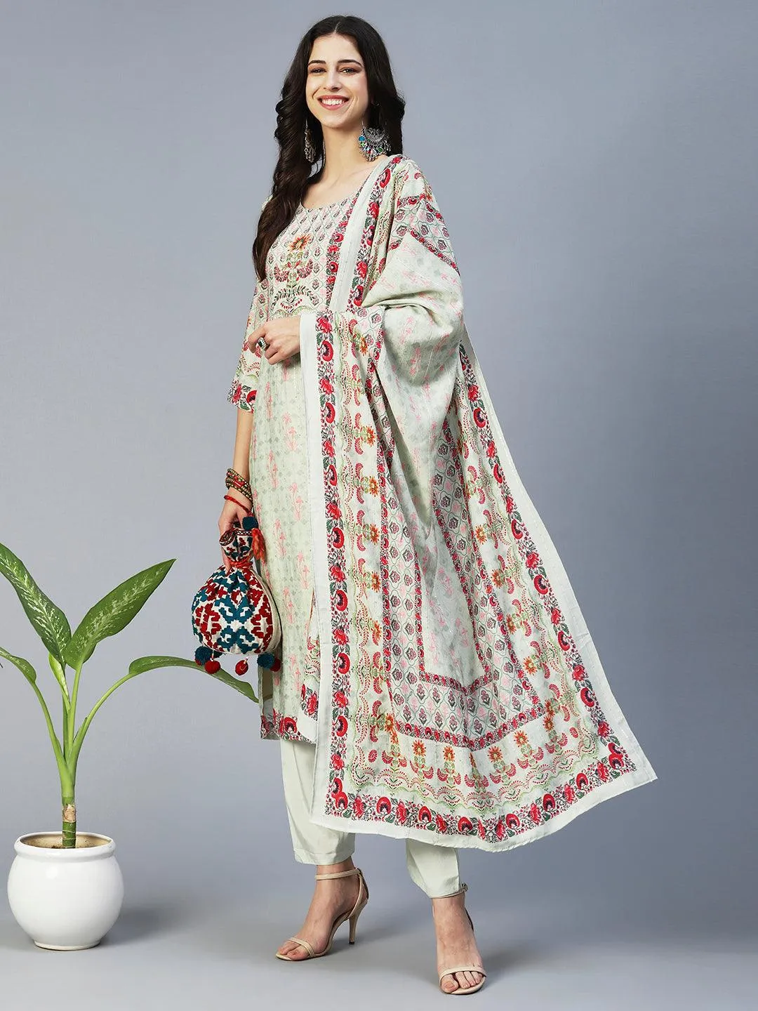 Floral Printed Embroidered Kurta With Pants & Floral Dupatta - Green